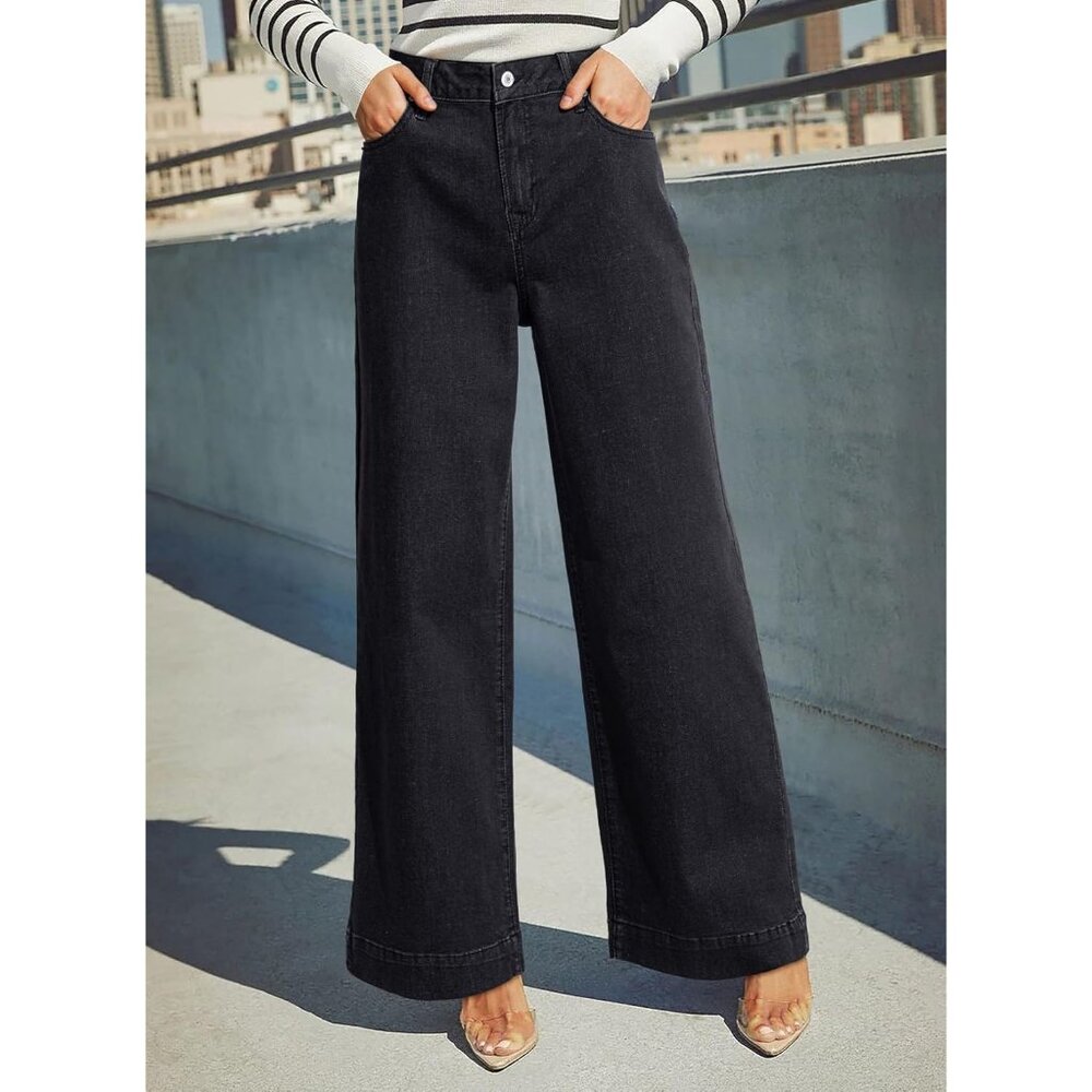 Women's Black High Waisted Wide Leg Denim Jeans Stretchy Loose Pants with Pocket - Picture 3 of 6
